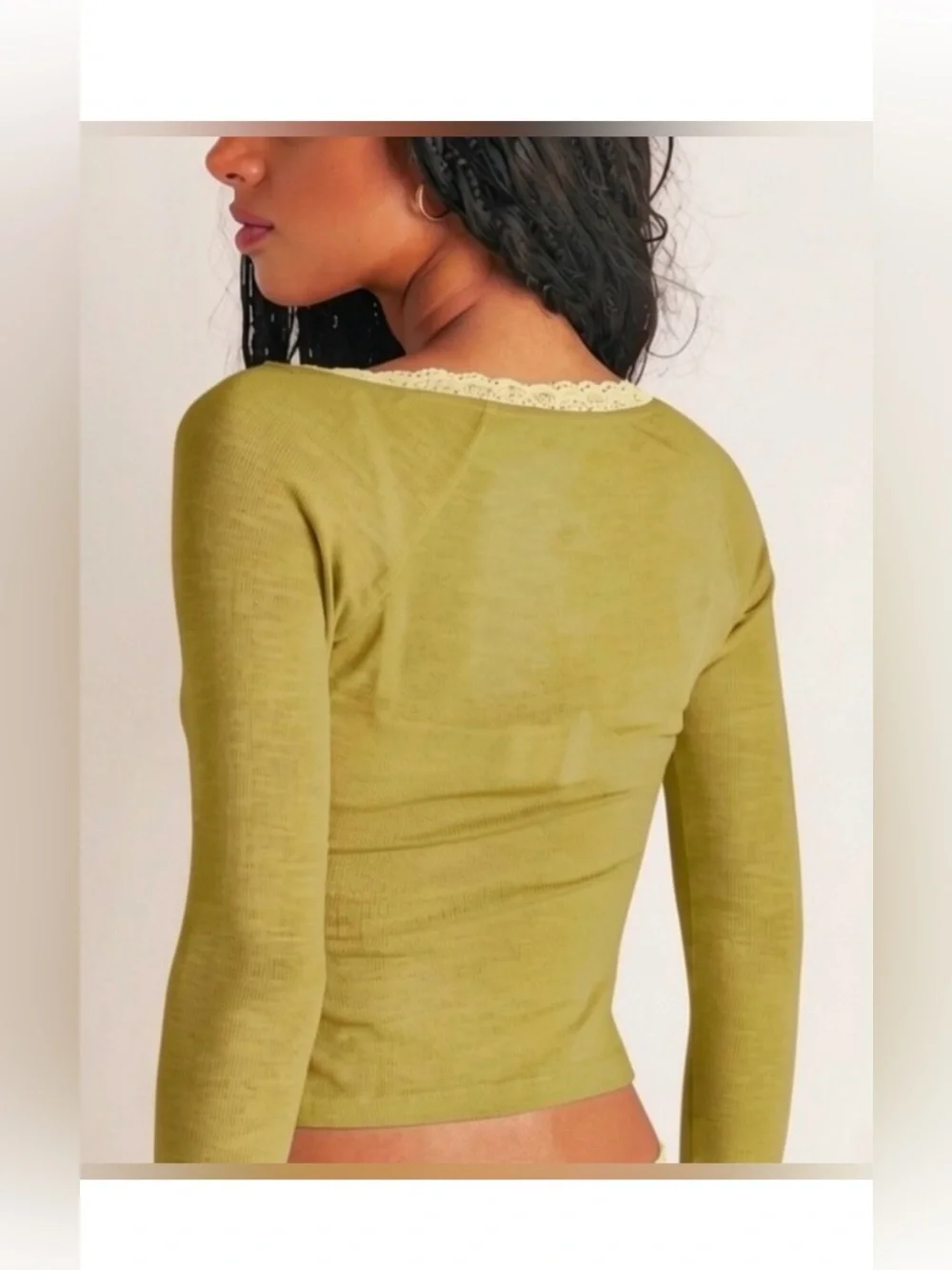 Free People A Little Bit Lace Layering Long Sleeve Green Top Size Large NWT